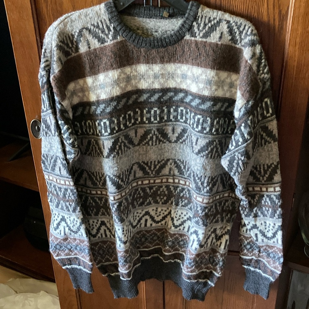Gray and Brown Crewneck Sweater with Nordic Patterns
